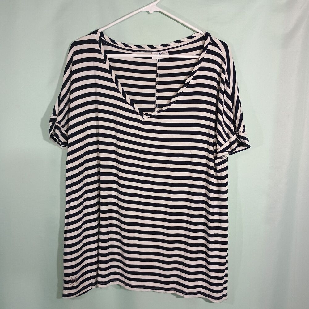 Black White Striped Top Short Sleeve V Neck Casual Relaxed Shirt